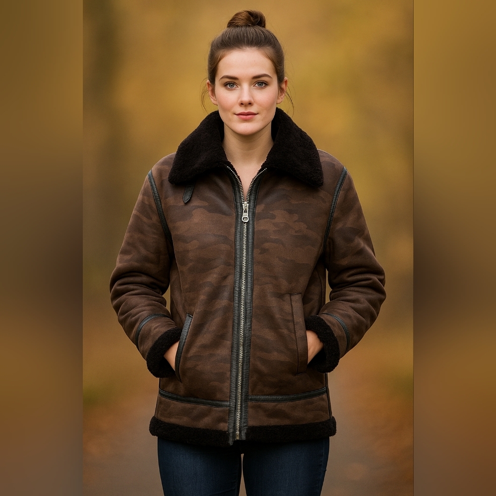 GUESS Camo Faux Leather Sherpa-Lined Aviator Jacket - Size M